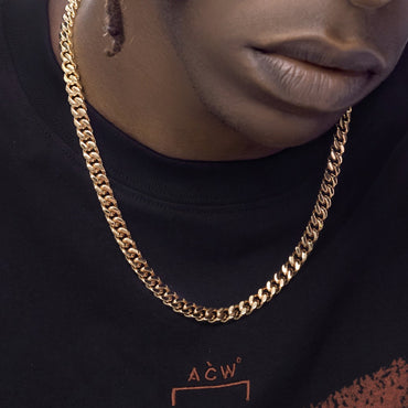 18K チタニウムスチール 18Kゴールドメッキ メンズキューバチェーン ネックレス 7mm