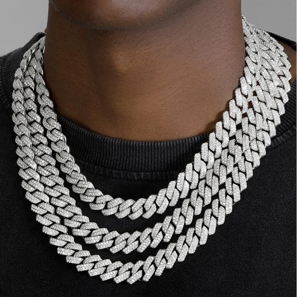 メンズフルダイヤ菱形キューバチェーン ストリートネックレス 14mm